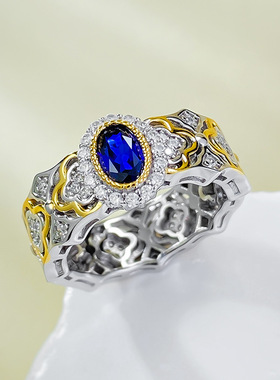 慕景珠宝 直播款S925银布家法式浪漫4*6mm仿真皇家蓝宝石戒指环