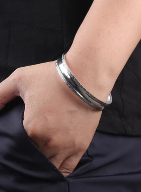 个性复古长城纹银手镯男女款情侣复古开口实心回纹手镯镀银手环