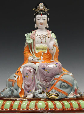 釉下彩华严三圣供奉文殊菩萨佛像