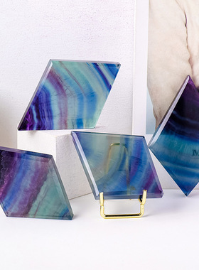 天然水晶七彩萤石棱形摆件彩虹萤石原石打磨多面体矿标装饰品