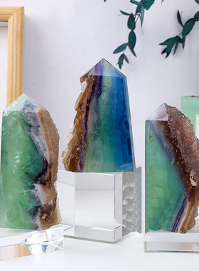 天然水晶绿萤石单件柱水晶原石矿标打磨带皮萤石塔柱家居装饰