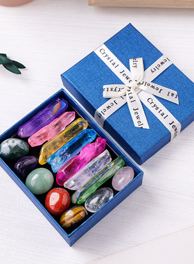 天然水晶七彩滚石电镀单晶体套盒chakela六棱柱水晶原石矿标套装