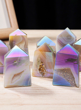 电镀天然玛瑙晶洞单尖四棱水晶柱摆件水晶原石玛瑙矿标水晶柱