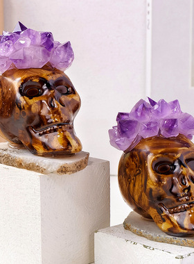 天然紫晶牙花玛瑙片底座骷髅头万圣节家居装饰氛围摆件工艺品