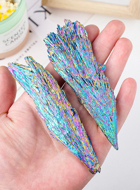 天然水晶原石电镀黑碧玺七彩羽毛多色矿物标本彩虹晶簇造景石