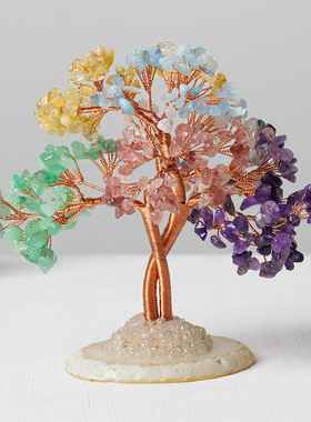 天然水晶碎石发财树玛瑙片底座水晶生命树手工编织家居办公招财