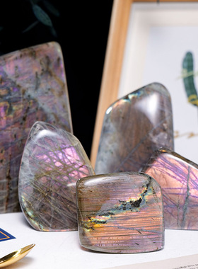 天然紫光拉长石摆件水晶原石矿标大块原石裸石家居办公桌面