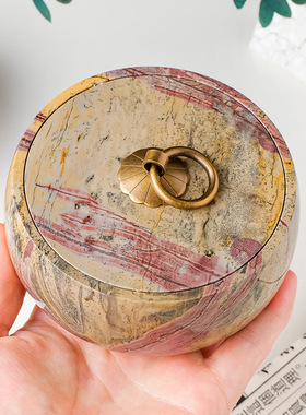 天然水晶原石图画石茶叶罐摆件个性密封罐储物罐创意图画石