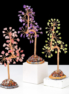 天然水晶碎石发财树摆件手工编织玛瑙片底座水晶树家居工艺品