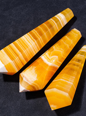 天然水晶黄方解石灵摆水晶柱 原石打磨锥形六棱单尖柱权杖摆件