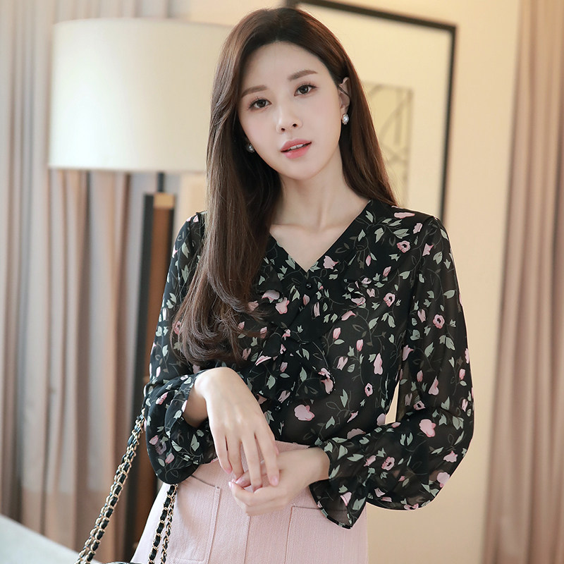 2020秋装新款小衫洋气长袖v领衬衫 宝采尔蕾丝衫/雪纺衫