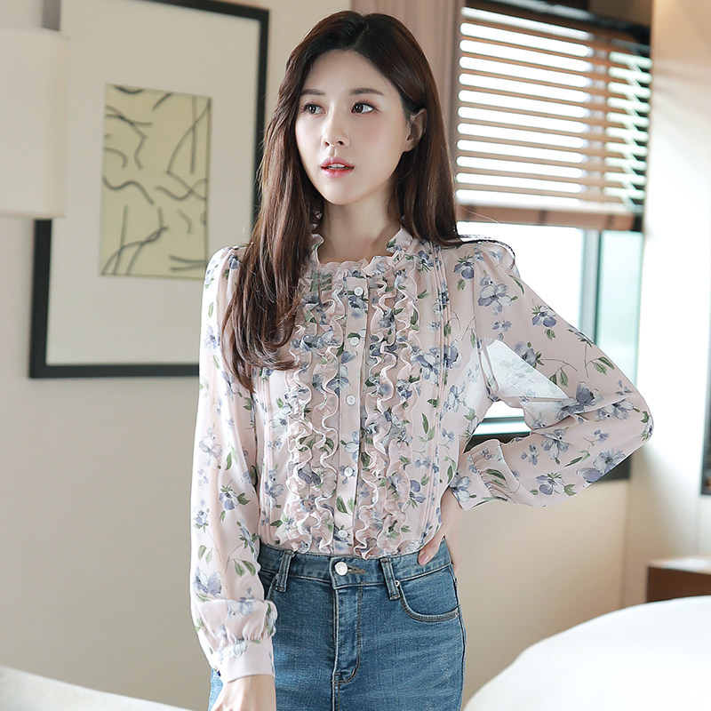 2020秋冬小衫洋气长袖碎花雪纺衬衫 宝采尔蕾丝衫/雪纺衫