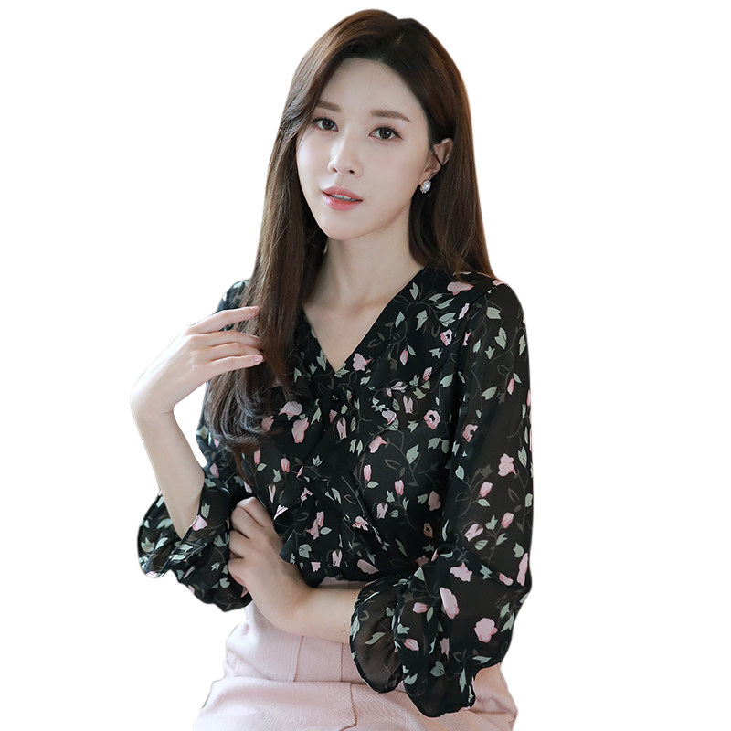 2020秋装新款小衫洋气长袖v领衬衫 宝采尔蕾丝衫/雪纺衫