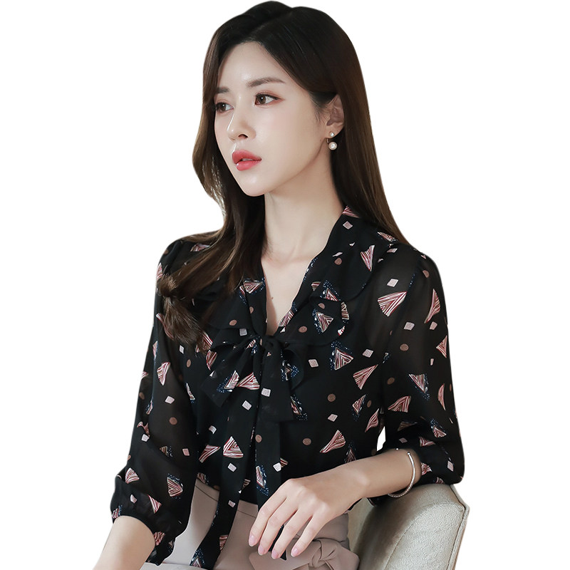 碎花雪纺女2020新款秋装长袖衬衫 宝采尔蕾丝衫/雪纺衫