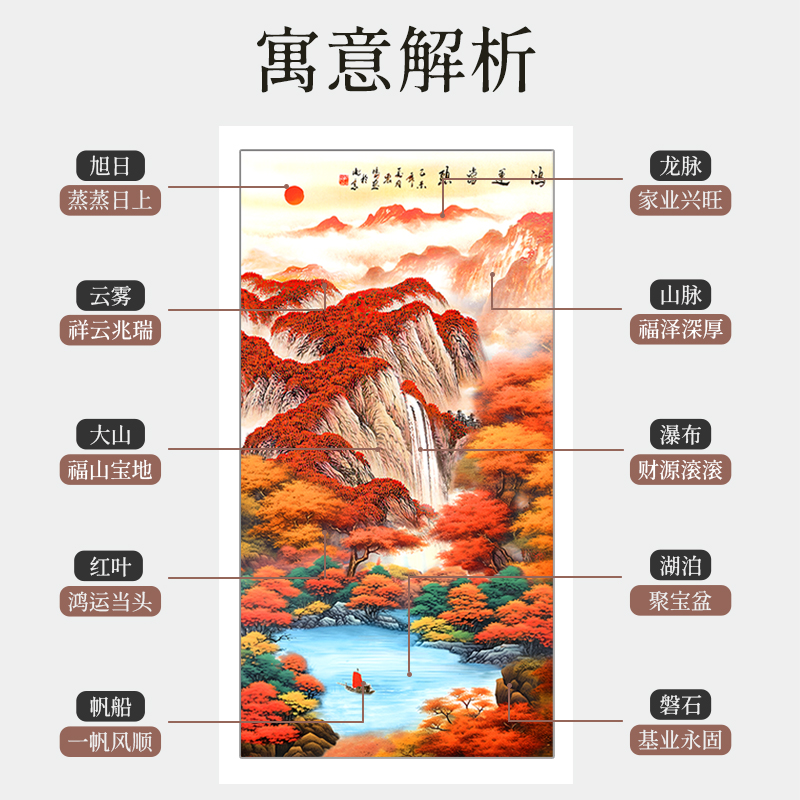 鸿运当头中堂画客厅挂画农村堂屋大气五联山水画自建房大厅装饰画