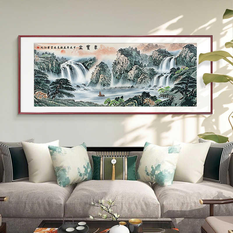 聚宝盆山水画客厅挂画紫气东来新中式沙发背景墙装饰画聚财手绘画