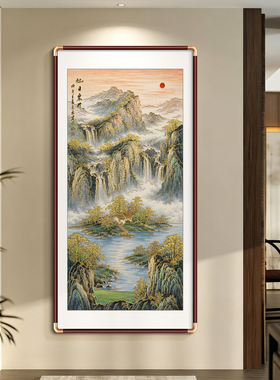 旭日东升玄关挂画山水画靠山图新中式入户进门立体浮雕鎏金装饰画