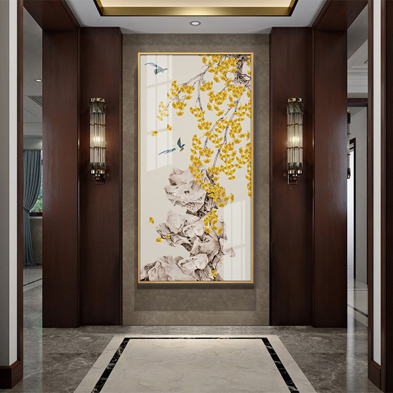 进门入户玄关装饰画走廊尽头挂画客厅过道壁画新中式晶瓷画银杏鹤_虎窝淘