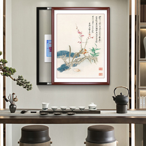 电表箱装饰画免打孔竖款遮挡箱配电箱中式新中式液压上翻客厅壁画 - 图2