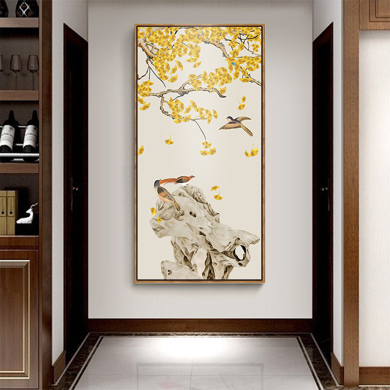 进门入户玄关装饰画走廊尽头挂画客厅过道壁画新中式晶瓷画银杏鹤_虎窝淘