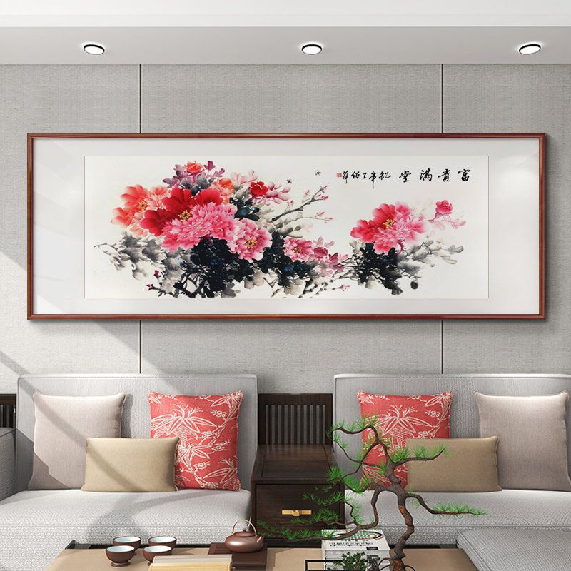 花开富贵客厅挂画新中式沙发背景墙装饰画牡丹花国画手绘卧室壁画_虎窝淘