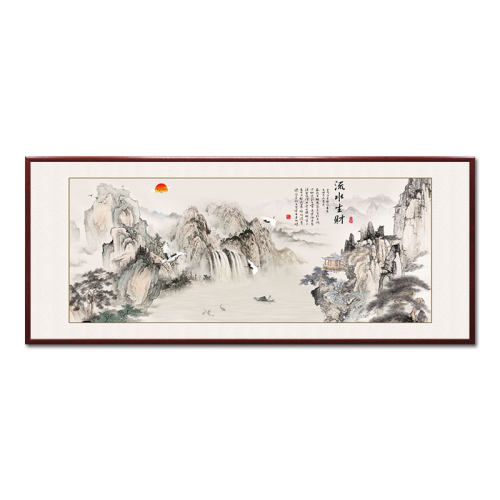 流水生财山水画客厅沙发背景墙挂画风景画招财办公室壁画国画横 - 图0