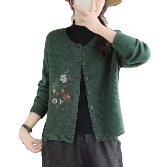 Purghel embroidered cotton wire knitted jacket 2023 autumn and winter literary round neck versatile solid color knitted cardigan outer sweater

