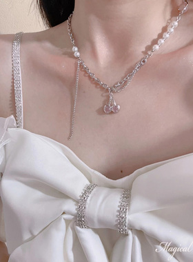 女甜美粉色猫眼樱桃耳环项链