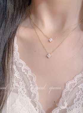 吸睛龙心同款闪钻四叶草叠戴项链