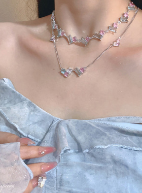 夏日清透蓝粉色爱心甜美叠戴项链