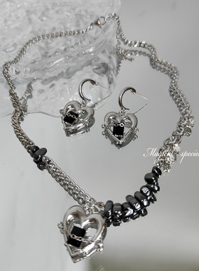 女黑宝石经典百搭套装耳环项链