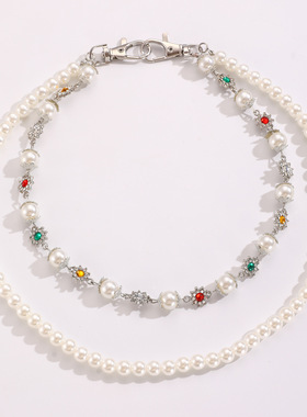 Vintage Multi layer Cross Pearl Colored Waist Chain