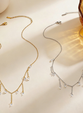 不锈钢爆闪流苏锆石项链女