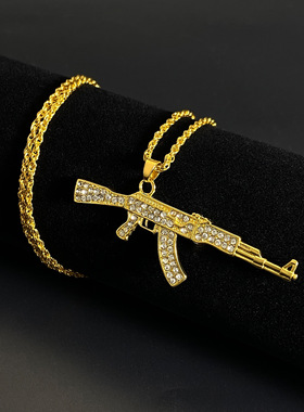 跨境朋克嘻哈满钻冲锋枪项链