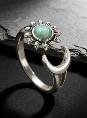 创意名族风彩宝太阳月亮戒指女