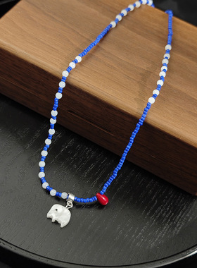 新款个性顽皮小象蓝白色串珠项链