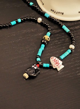 新款串珠小猫爱吃鱼锁骨项链女