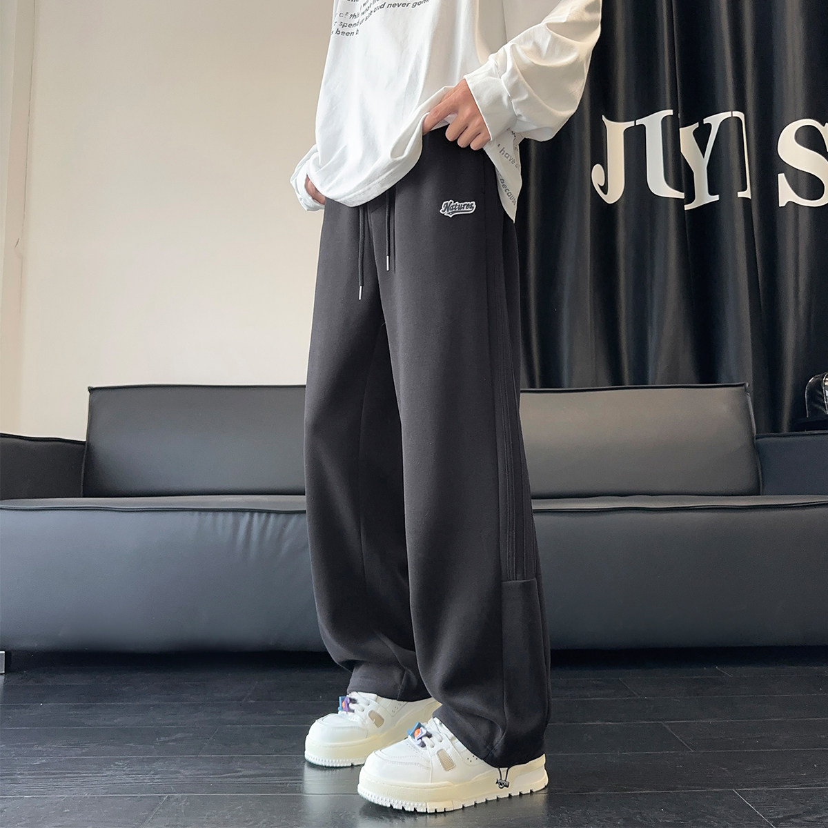 唐狮秋冬季新款男休闲裤撞色条纹运动卫裤宽松直筒裤子潮流W,淘宝优惠券,粉丝福利购,淘宝优惠卷