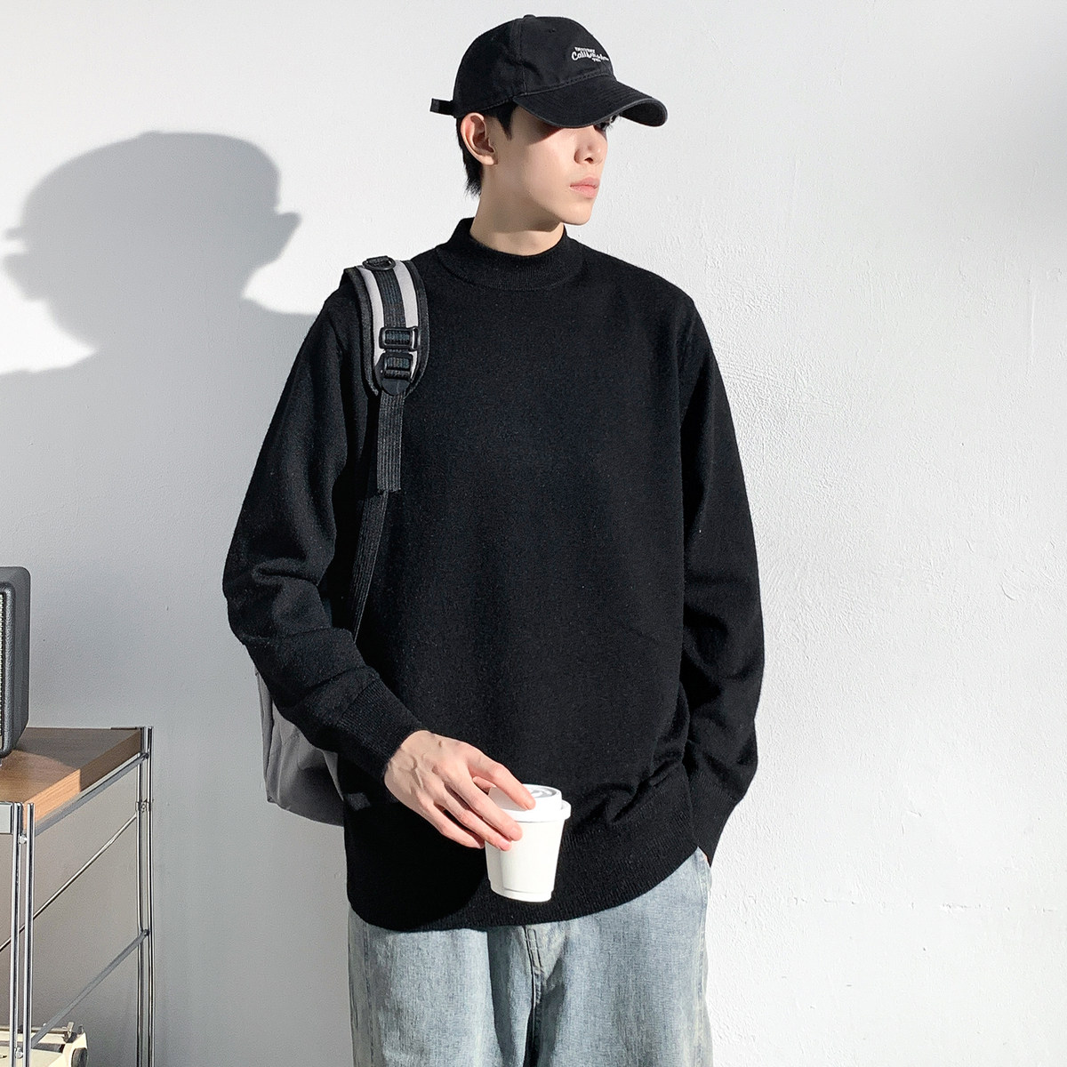 唐狮冬季新款男士毛衣半高领净色打底黑色毛衣内搭含羊毛舒适,淘宝优惠券,粉丝福利购,淘宝优惠卷