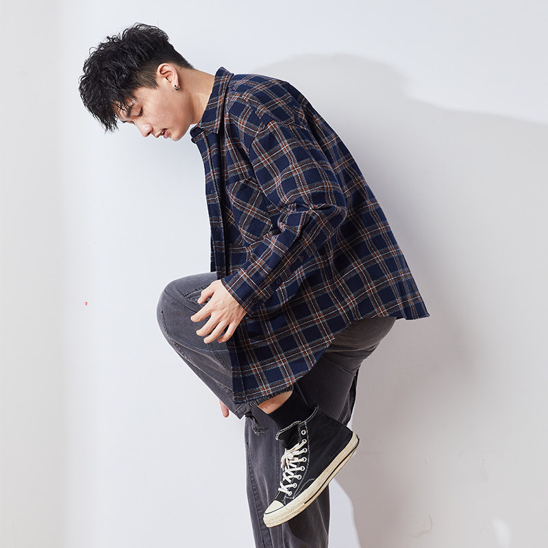 唐狮春秋季格子男2021新款长袖衬衫 唐狮喜之乐衬衫