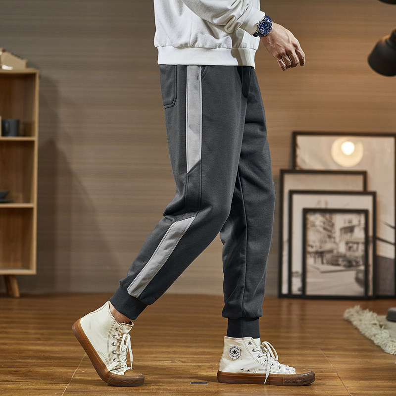 唐狮拼色男2021春秋宽松束脚卫裤 唐狮喜之乐休闲裤