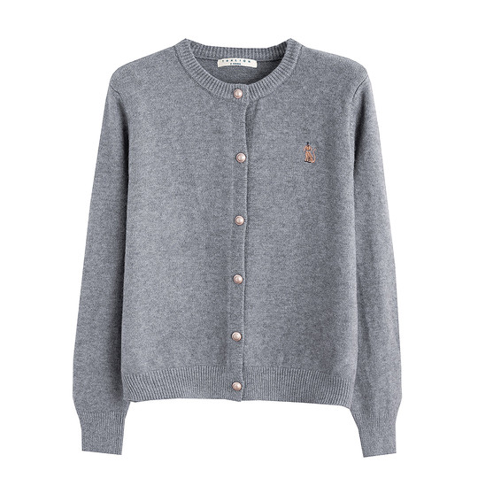 唐狮2025秋冬简约风精致小刺绣圆领开衫女针织外套春秋高级感毛衣