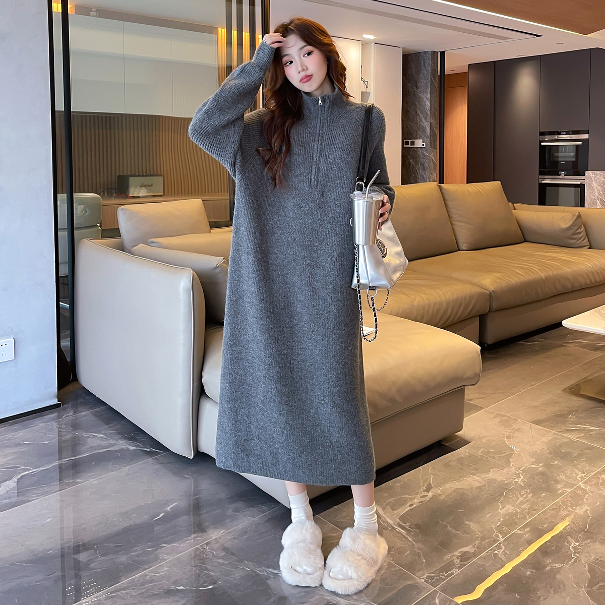 唐狮立领连衣裙秋冬款长款针织毛衣裙宽松休闲长裙复古气质女装y5 - 图0