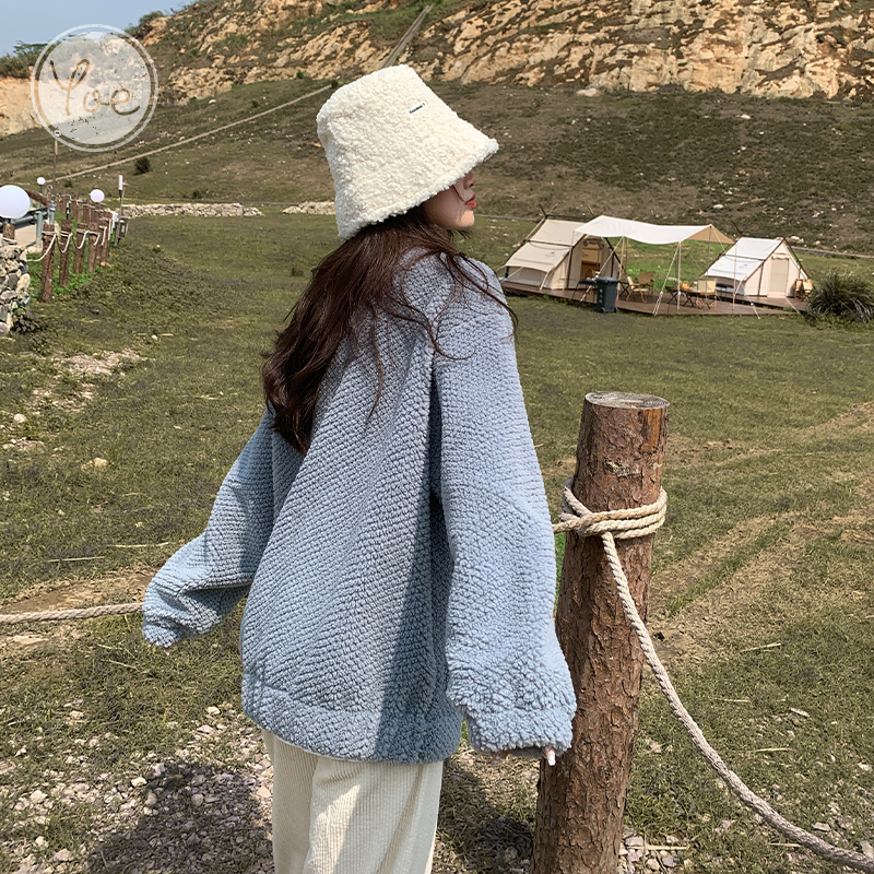 yoe仿羊羔绒羊羔毛外套女拉链蓝色加绒防风保暖休闲运动小众冬装 - 图1