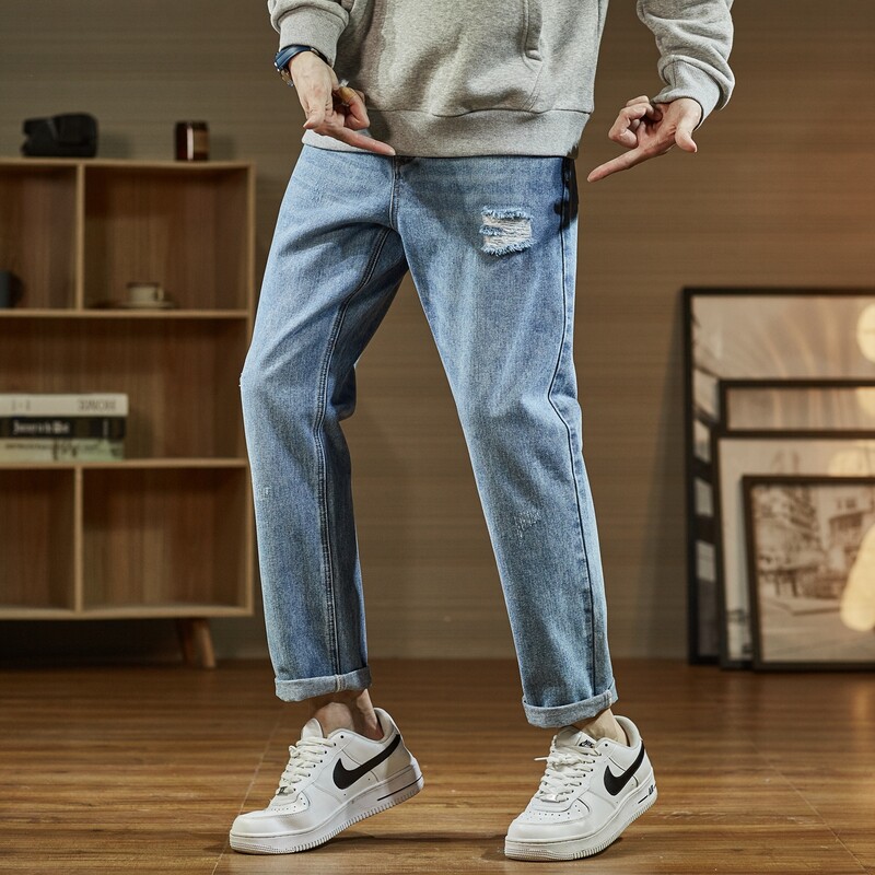 唐狮男士2021秋新款韩版纯色牛仔裤 唐狮喜之乐牛仔裤