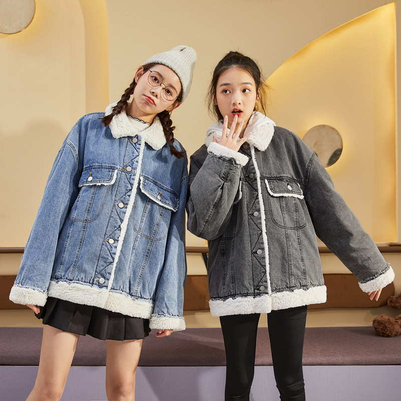唐狮秋冬新款加绒仿羊羔毛牛仔上衣 唐狮短外套