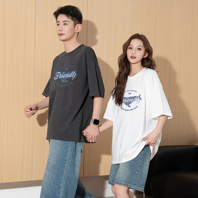 Tangshi 2025 Spring and Summer New Couple T-shirt Loose Casual Round Neck Short Sleeve Women's Letter Print Top White