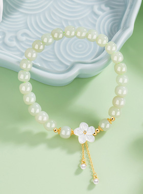 桃花朵朵纯银925和田玉手串女新中式国潮贝壳花朵手饰ins珍珠