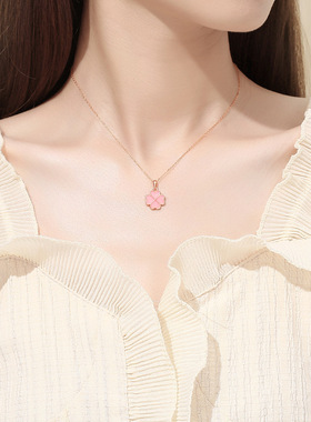 双面温感四叶草项链女纯银夏韩版时尚设计爱心锁骨链网红森系吊坠