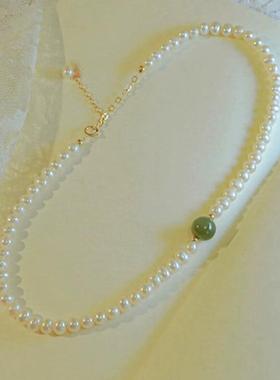 银贝S925纯银天然和田玉施家珍珠锁骨链女友生日送老婆母亲节